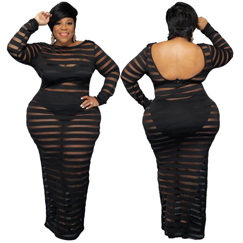 Plus Size Dress for Women Long Sleeve Lace Maxi Dress Mesh Backless Sexy Black Party Dress ...